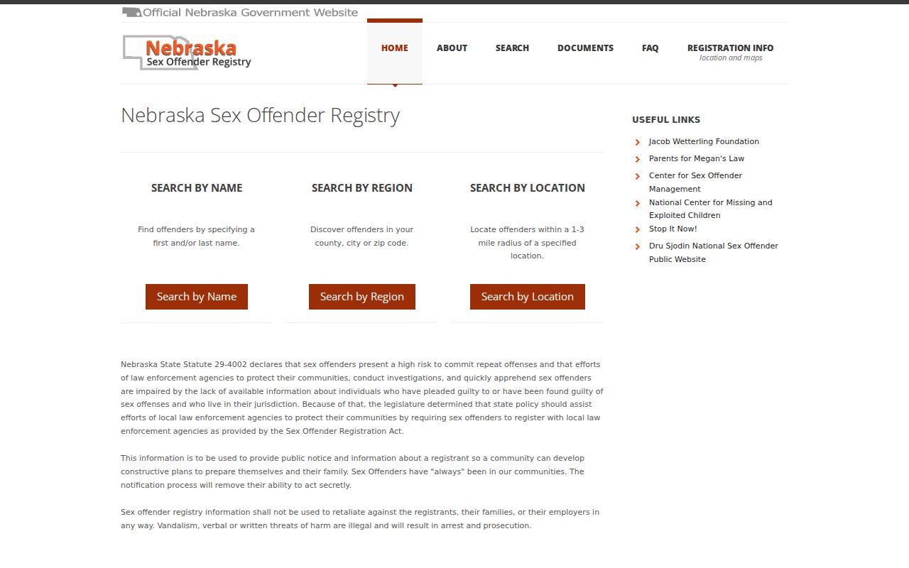 Douglas County sex offender search on the Nebraska registry landing page